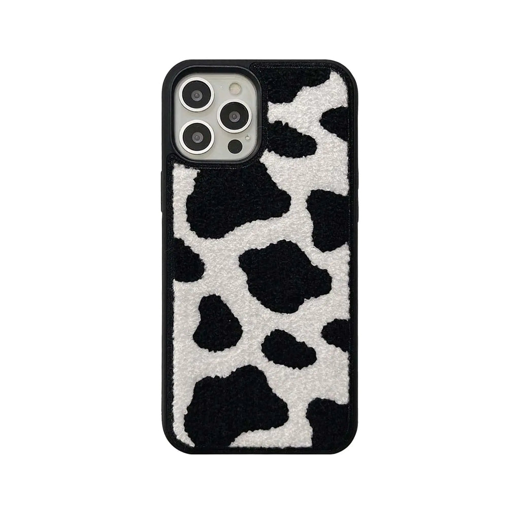 Black & White Dairy Cattle Cow Print Phone Case Compatible with iPhone 15 Pro Max,Cute Embroidery Winter Warm Fur Carpet Case,Soft Fluffy Case for iPhone 15 Pro Max 6.7'' 2023(Cow)